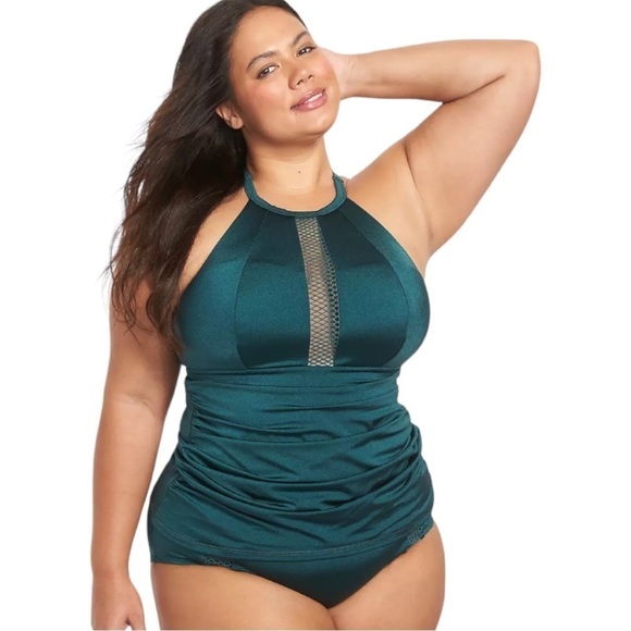 Lane Bryant Fitted Shimmer No-Wire Fisnet-Trim Swim Tankini Sea Foam Size 24 - Picture 1 of 4